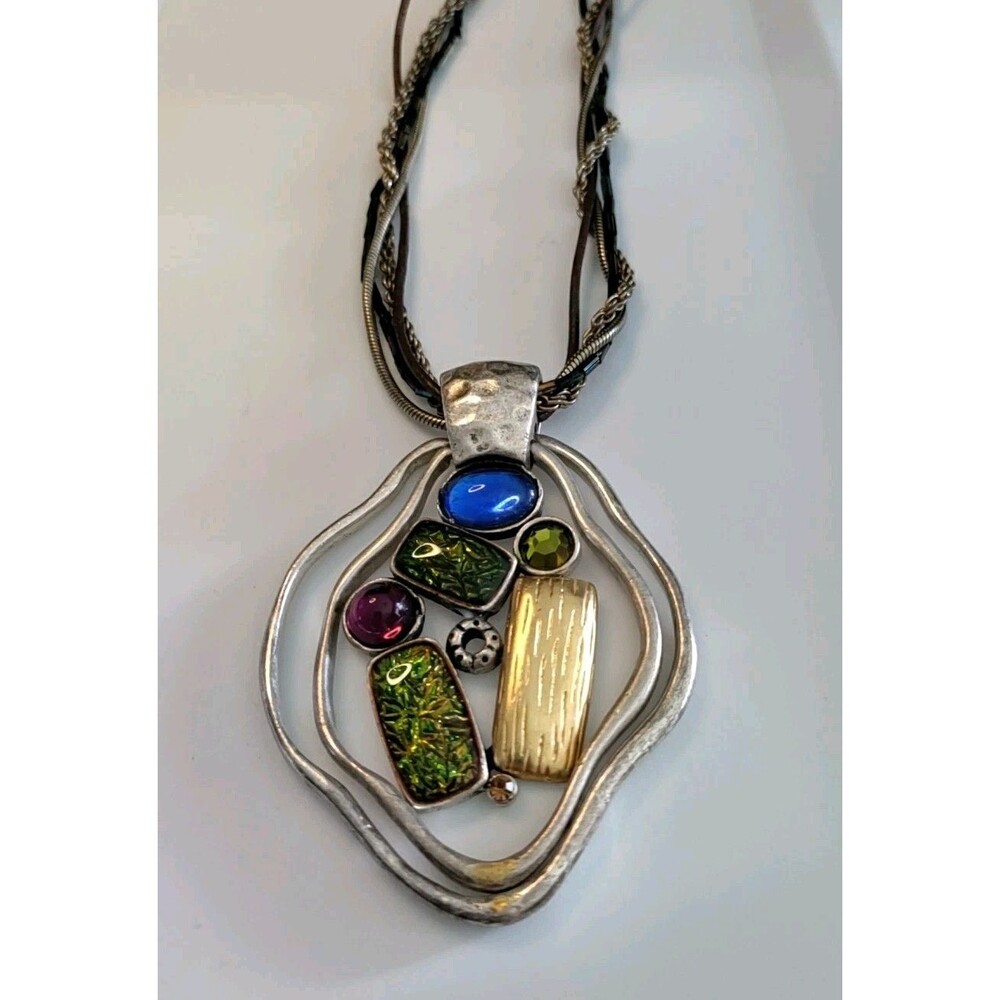 Chicos Silver Tone Multi Color Abstract Pendant On Multi Style Necklace Vintage